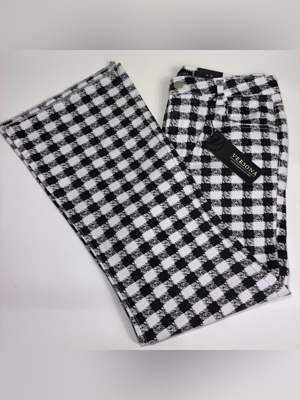 Versona Black White Gingham Plaid Flare Leg Pants Size 10 NWT
